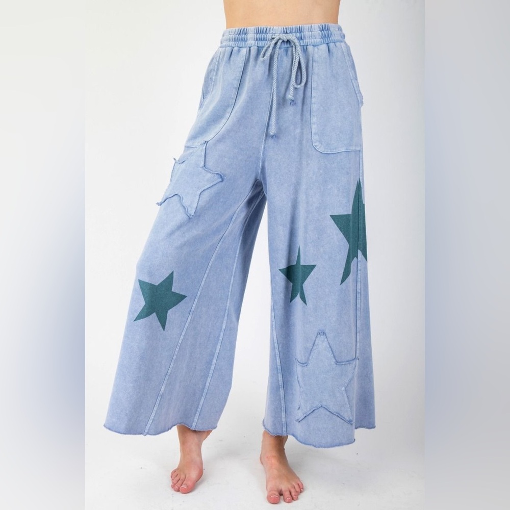 NWT Easel Blue Wide Leg Pants with Green Star Accents